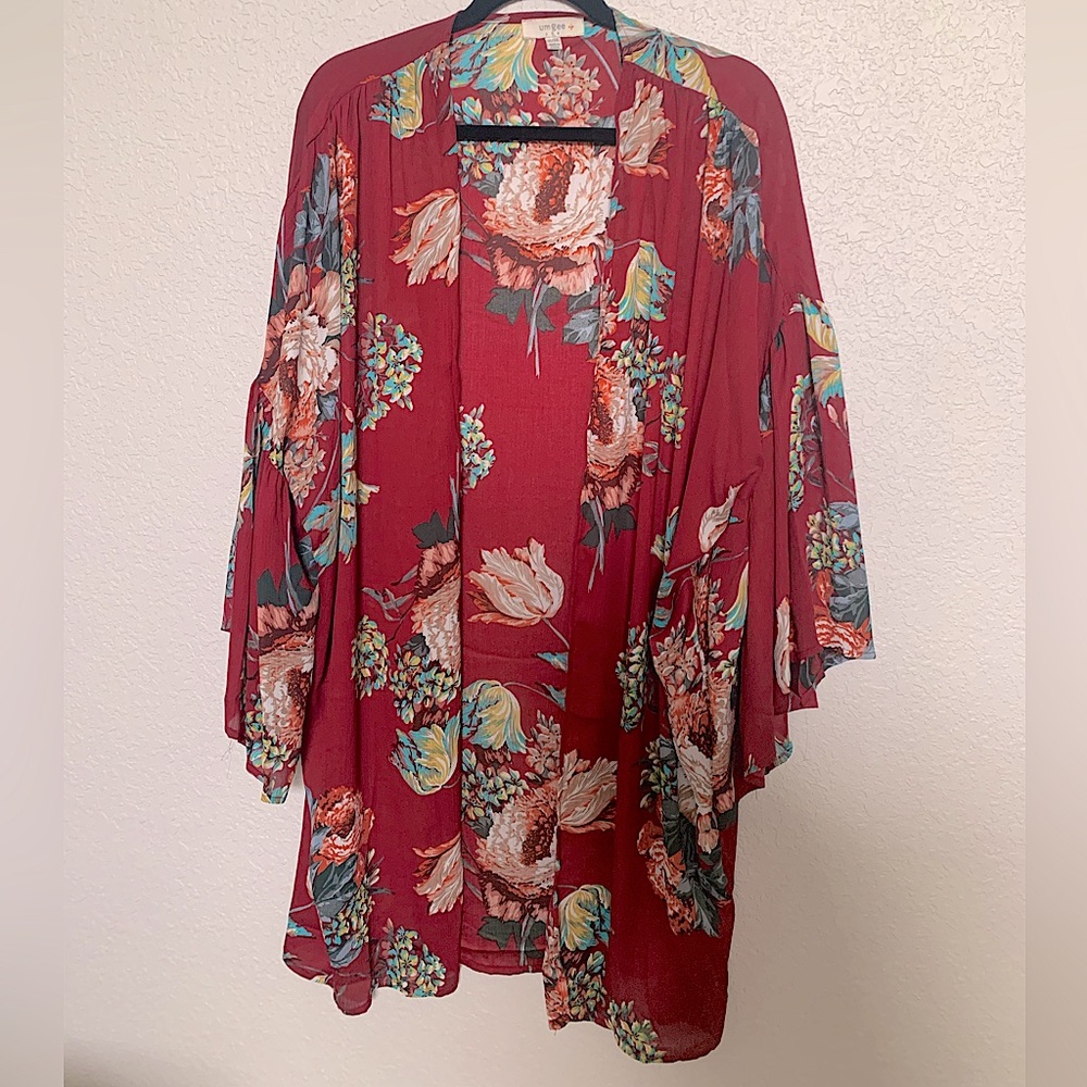 Umgee Floral Kimono | Burgundy | Plus Size 1XL/2XL